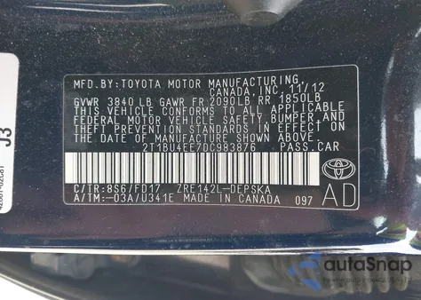 2013 Toyota Corolla S z USA, uszkodzony, nr VIN 2T1BU4EE7DC983876